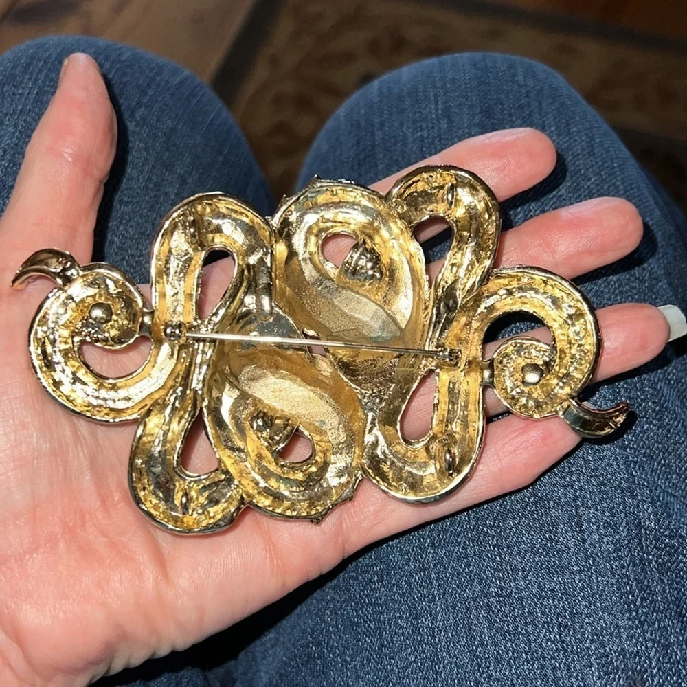 Vintage Extra Large Brown Enamel Double Snake Brooch Pin Pendant Crystals